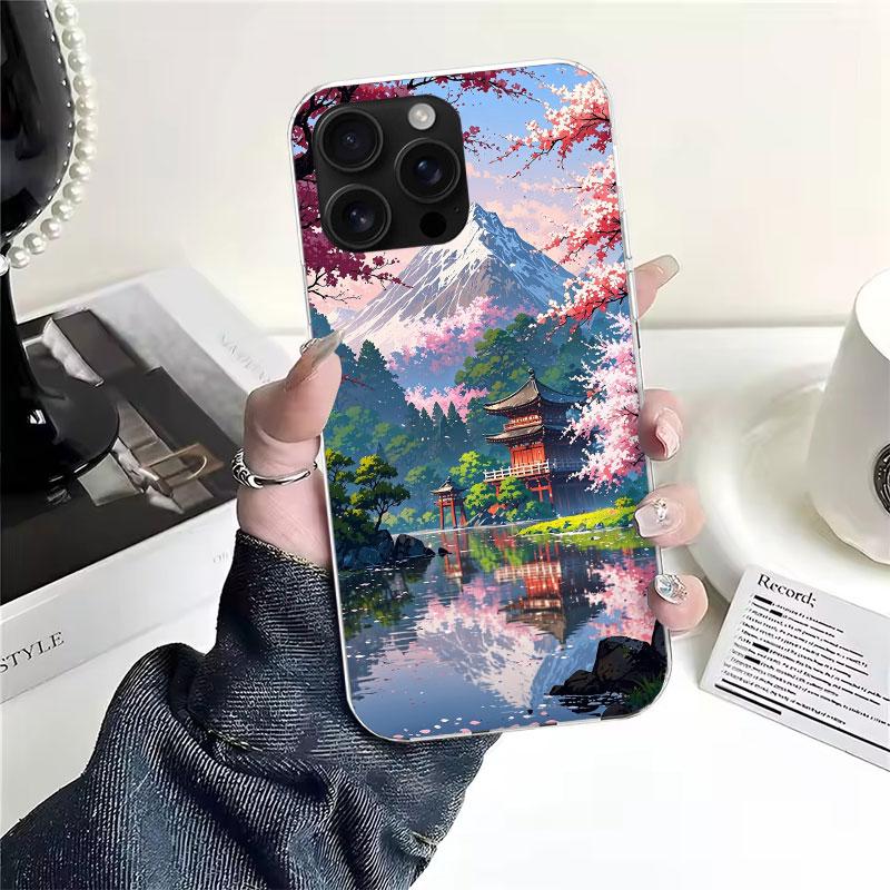 Japanese Cherry Mount Fuji Soft Phone Case For IPhone 11 17 Air 16E 16 Pro Max 15 + 14 Plus 13 Mini 12 Apple 7 SE 8 Fundas Coque