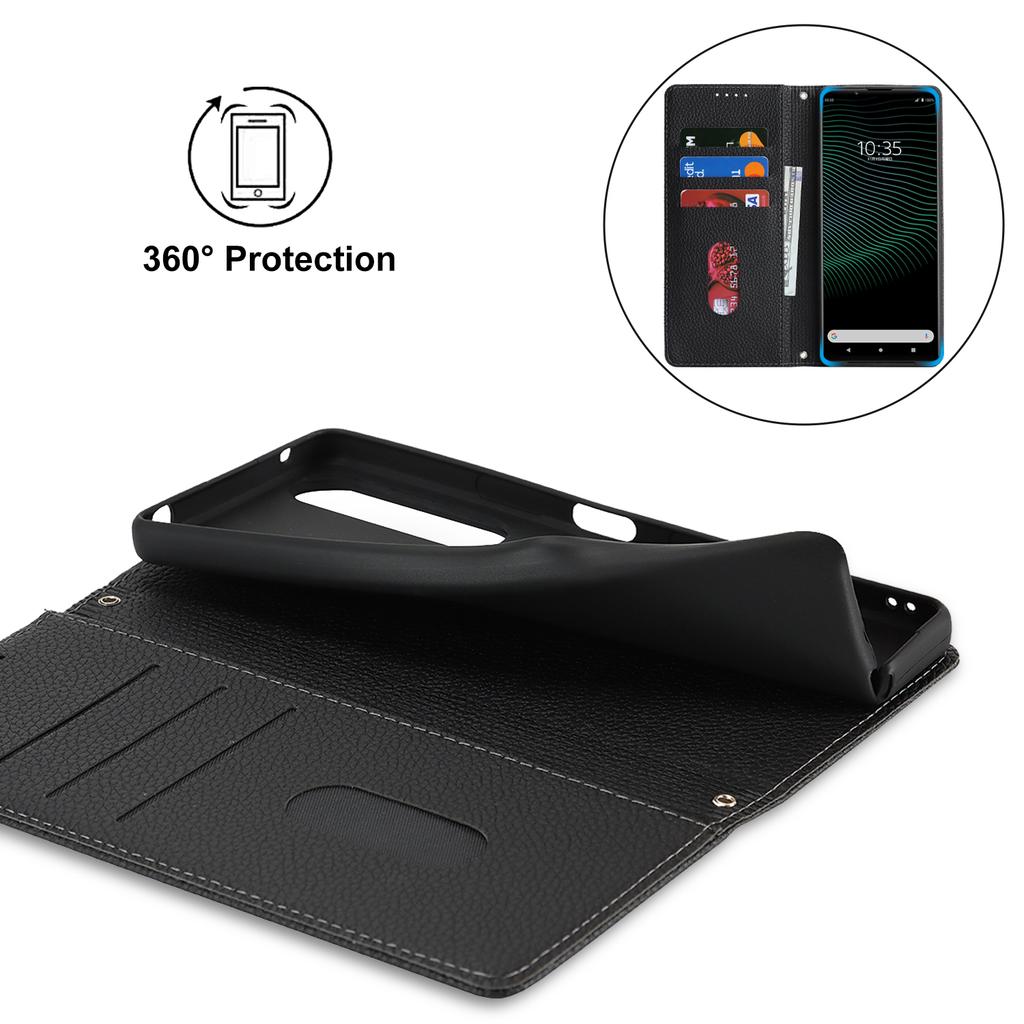 Etui portfel z podstawką i paskiem do Sony Xperia 1 IV 5G, skóra z teksturą liczi, klapka