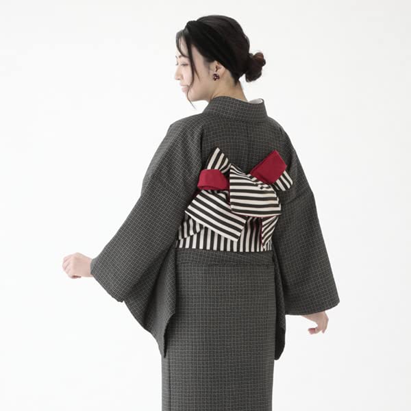 Kyoto Kimono Yuzen Half-Width Reversible Obi with Border and Washed-Style Narrow Obi for Women (Red)