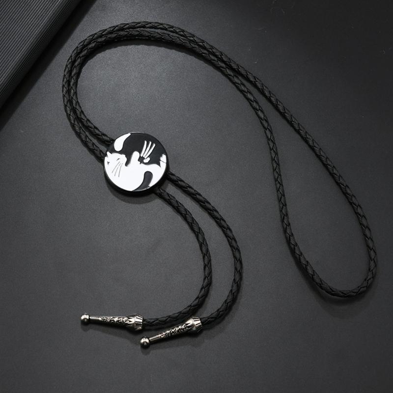 Mens Adjustable Leather Cord Bolo Tie with Enamel Metal Badge Pendant Western Rodeos Outfit Shirt Chain Necktie Necklace