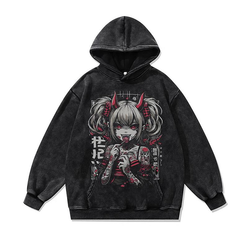 Dark Two-Dimensional Cartoon Digital Direct Injection Printing Hooded Sweater For Men And Women Washed And Old Hoodie
