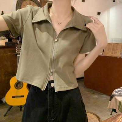 Kurzarm-Poloshirt mit Baumwollrevers für Damen im Sommer, schmale Rundhalsausschnitt, kurzes T-Shirt mit Reißverschluss