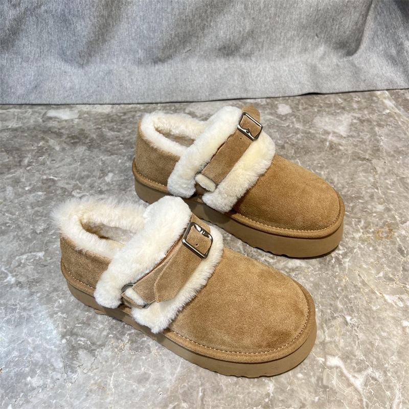 European Station frosted soft leather shoes winter round head one pedal muffin bottom warm shallow mouth cotton shoes board shoes