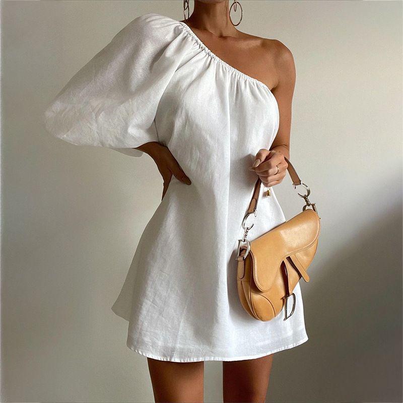 

Women Casual Puff Sleeve Dress European and American Loose Slimming Sloping Shoulder Puff sleeve Dress White S