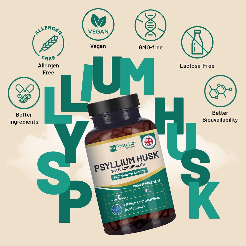 Psyllium Husk 10000mg with Acidophilus 1 Billion CFU, 120 Vegan Capsules