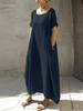 2023 Women's Cotton Linen Dress Loose Fit Round Neck Slit Belted Design