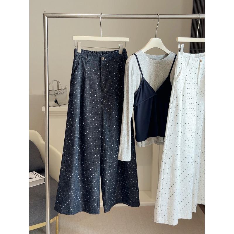 

High waist thin polka dot wide leg casual pants women s spring and autumn fashion foreign style age reduction elastic waist straight trousers L джинсовий синього кольору