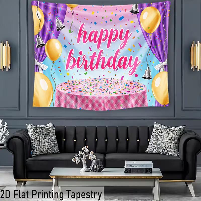 2D Birthday Party Backdrop, Pink & Purple Curtain with Confetti Photography Background