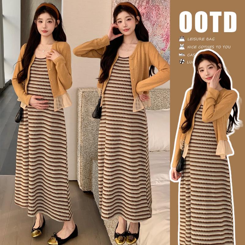 2026 Spring/Summer Striped Maternity Camisole Dress & Ruffled Knit Cardigan Set