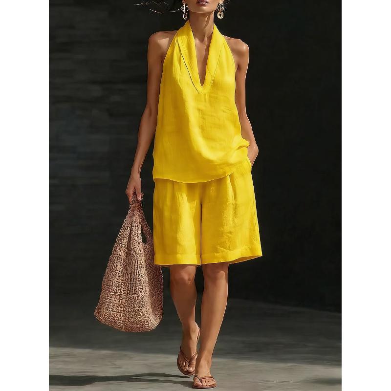 Women's V-neck Vest Shorts Holiday Casual Two-piece Set