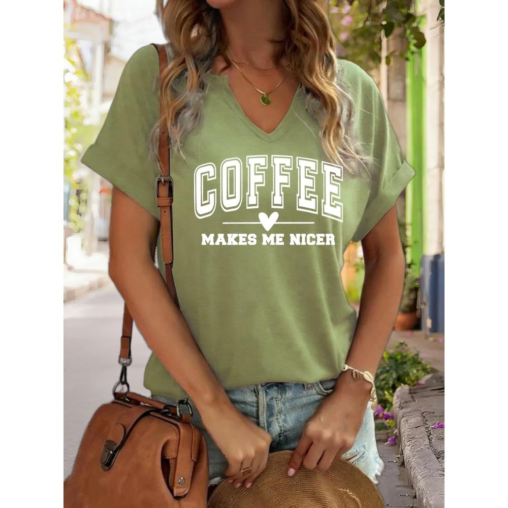 Women s V-Neck  Coffee Makes Me Nicer  Graphic Tee, Funny Coffee Lover Print T-Shirt, Casual Short Sleeve Top S