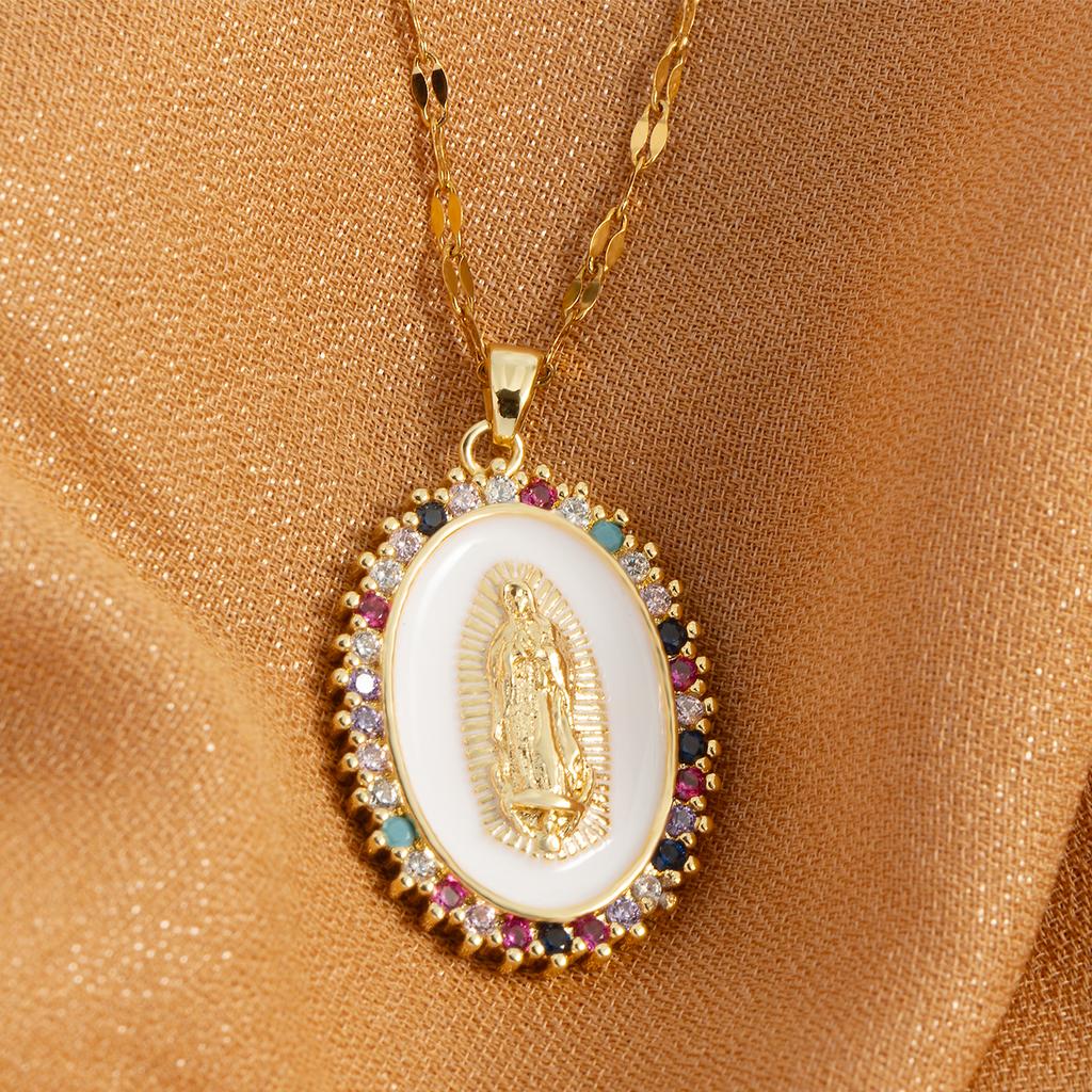 Oval round plaque inlaid with zircon religious pendant for women's party stainless steel Virgin Mary jewelry gift necklace