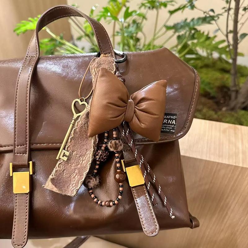 Sweet Quilted Leather Bow Keychain Organizer Cute Mini Bag Charm for Girls Sweet Korean Bow Key Holder with Pendant