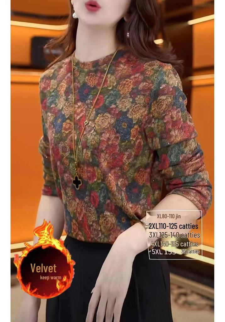 Elegant Age-Reducing Printed Long Sleeve Velvet Top - Slim Fit for Autumn/Winter