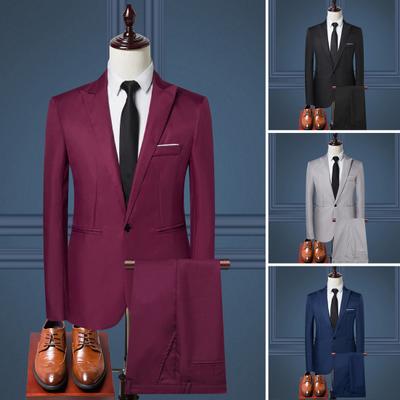 2 ks/sada Muži Business Outfit Klopa s dlhým rukávom Jednoradový oblek Kabát Jednofarebný