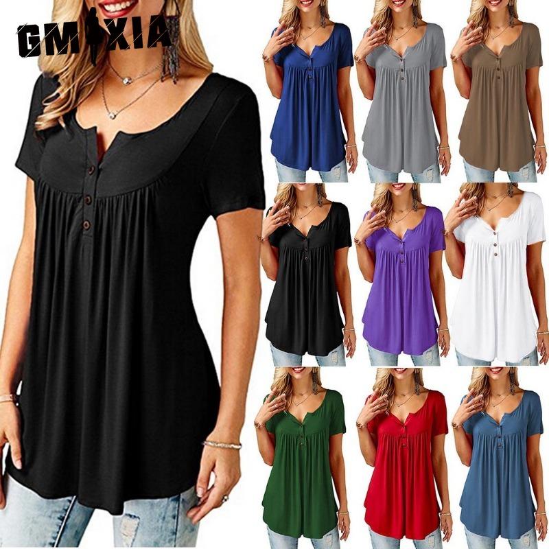 GMXIA Modische, lässige, einfarbige, kurzärmlige Blusen und Hemden für Damen