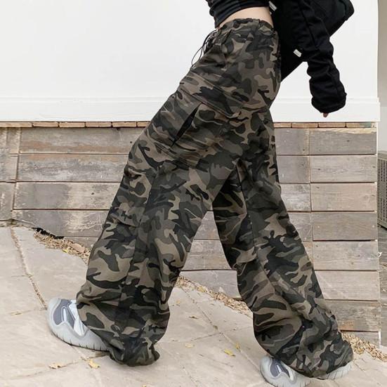 Women Cargo Pants Elastic High Waist Adjustable Drawstring Casual Trousers Camouflage Print Loose