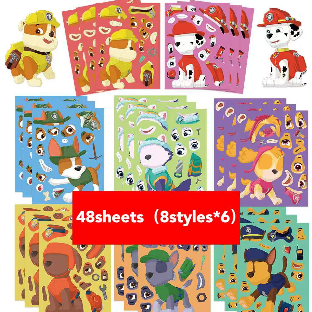 8/16/48Sheets Cartoon Dogs Chase Skye Puzzle Stickers Funny Make-a-Face Decals Assemble Jigsaw Children Christmas Gift Toy