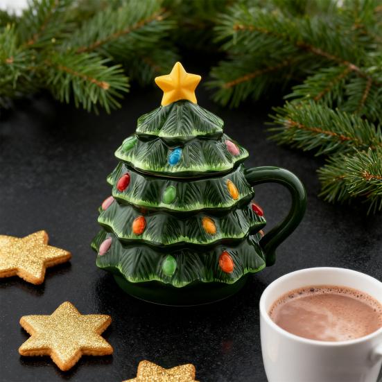 Christmas Tree Mug 16oz, Nostalgic Themed Lidded Tumbler for Coffee Hot Drinks Holiday Gift for Kids Friends Home Office Use