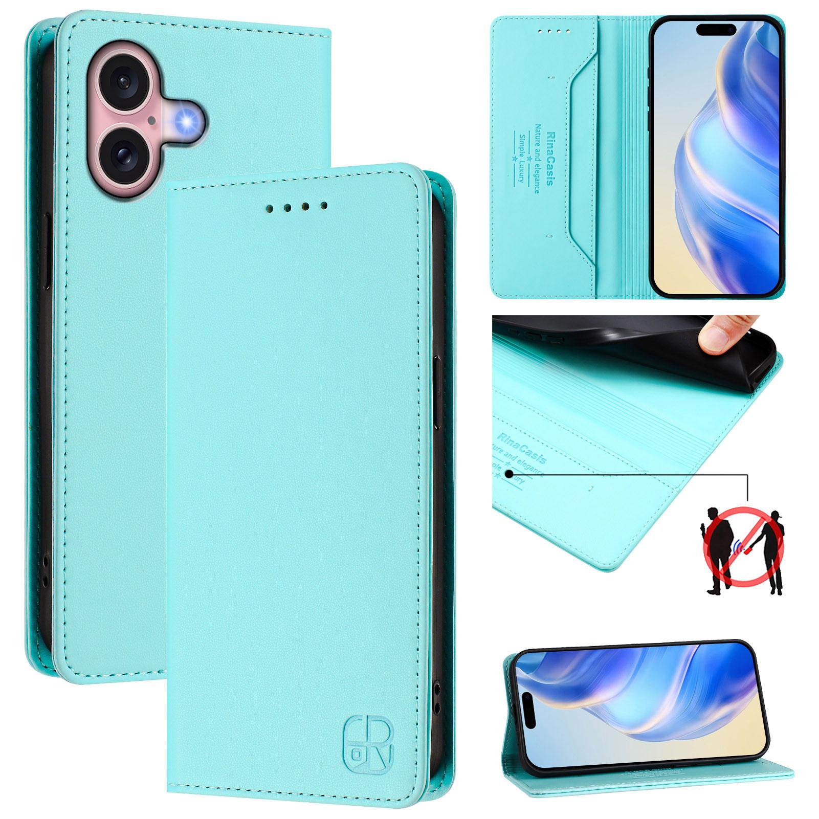 

For iPhone 16 Leather Case RINACASIS RC01 Phone Cover with RFID Blocking Wallet Stand Dark Blue