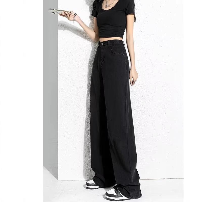 Women's Extra Long Fleece-Lined High Waist Black Wide-Leg Jeans for Autumn/Winter 2025