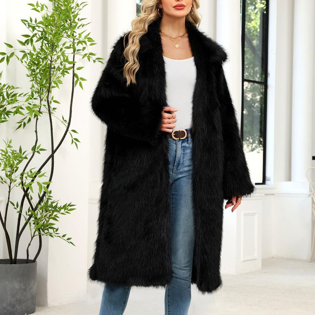 Women's Fashion Plush  Jacket Casual Solid-color Long-sleeved Cardigan Long Coat