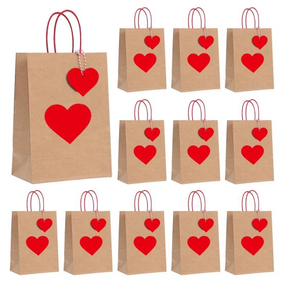 Krafts Paper Bags Red Heart Design Eco-Friendly Gift Bags with Heart Tags And Hemp Rope Gift Packaging for Weddings Birthdays Mother's Day Party