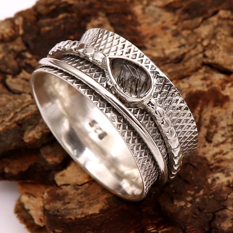 Anello Spinner Rutilo Nero, Anello in Argento Sterling, Anello Spinner, Spinner Tombolo con Pietra Preziosa, Anello Spinner di Design, Regalo per Lei, Regalo di Capodanno