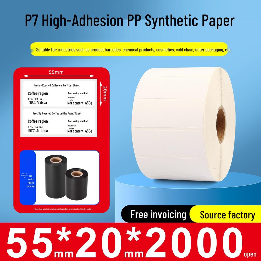 Papel sintético autoadhesivo impermeable para impresoras de códigos de barras, Tamaños: 60x40mm, 30x20mm, 80x70mm, 50x100mm, Adhesivo PP