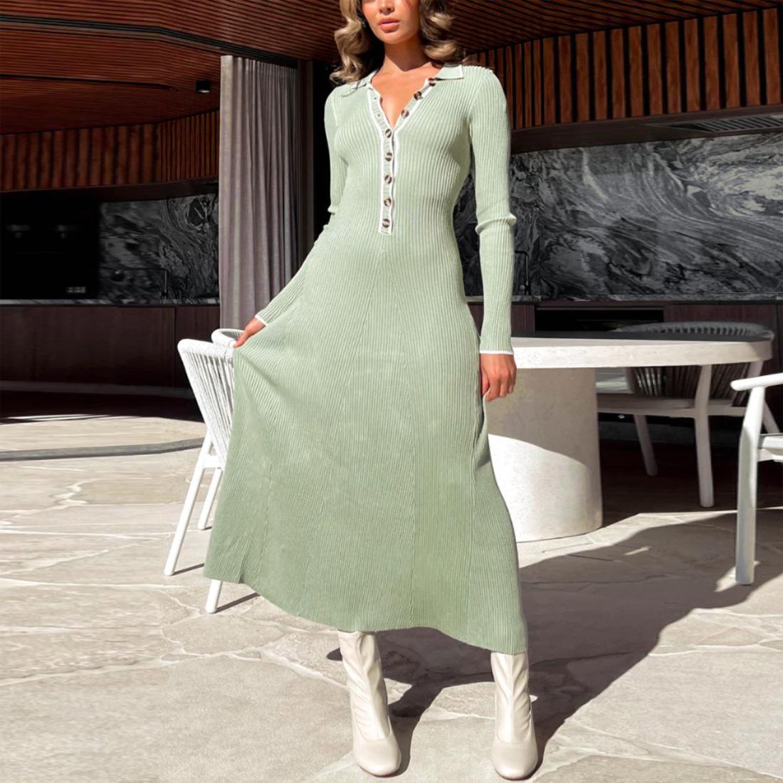 

Lapel Trim High-End Long-Sleeve Knitted A-Line Dress for Mature Women Medium