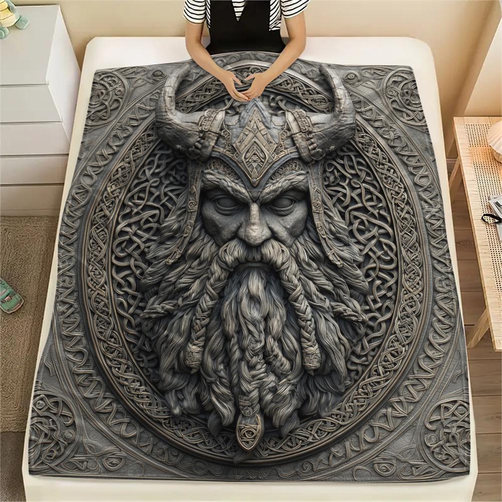 Viking Warrior Pattern Flannel Blanket, High Quality Comfortable for All Seasons, Home Decor, Warmth and Comfort, Perfect for Gifts.