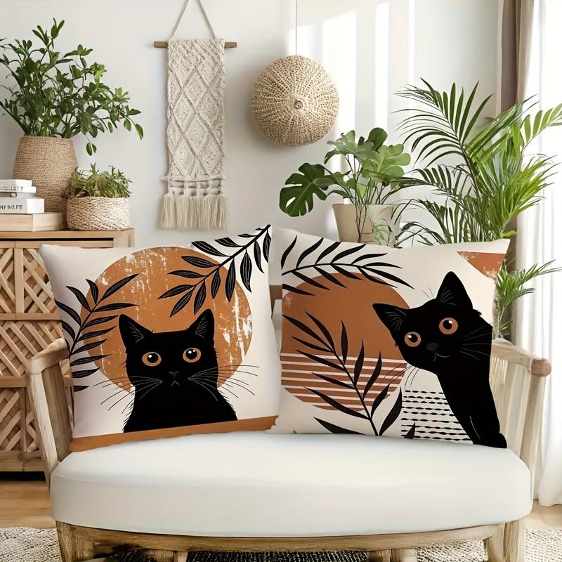 Black Cat Boho Pillow Covers Double-Sided Printed Botanical Terracotta Throw Pillow Cases For Sofa Bedroom Living Room