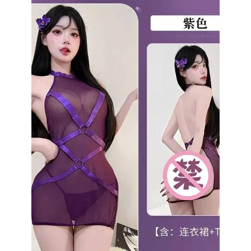 Sexy Hot Girl Mesh Patchwork One-Piece Tie Sleepwear See-Through Hip-Revealing Uniform Nightdress Dress Elegant Fashion AOF9