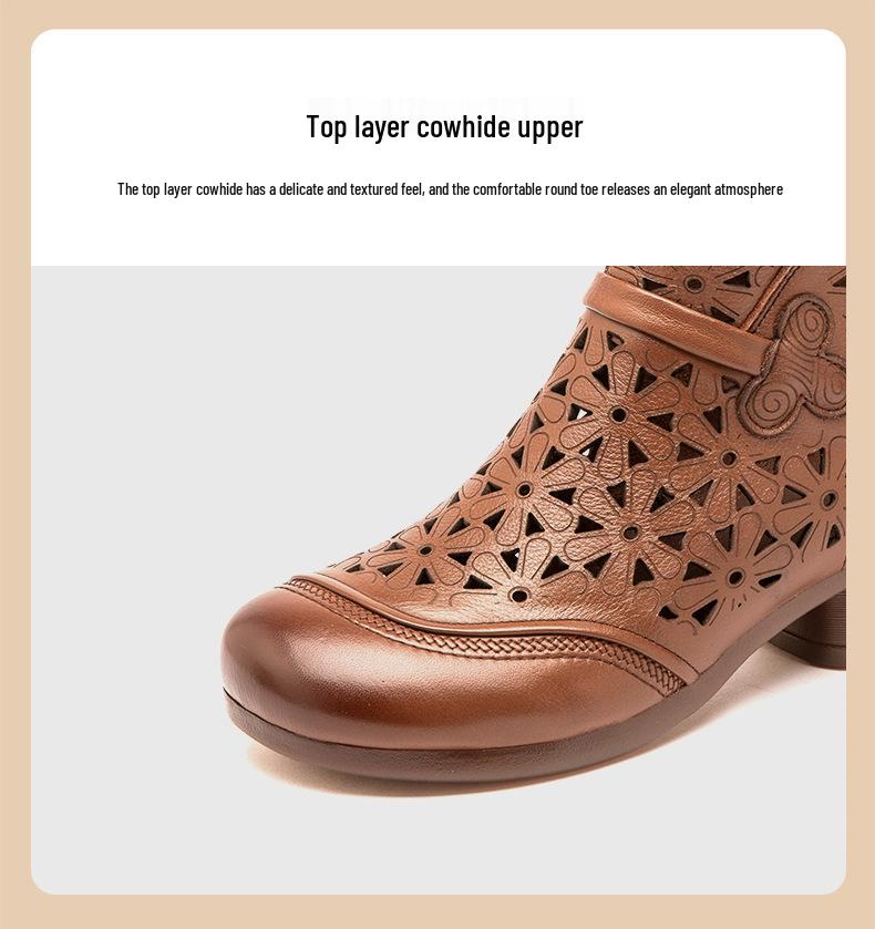 Letní retro vyřezávané kotníkové boty z hovězí kůže na robustním podpatku a se sandály s měkkou podrážkou pro ženy