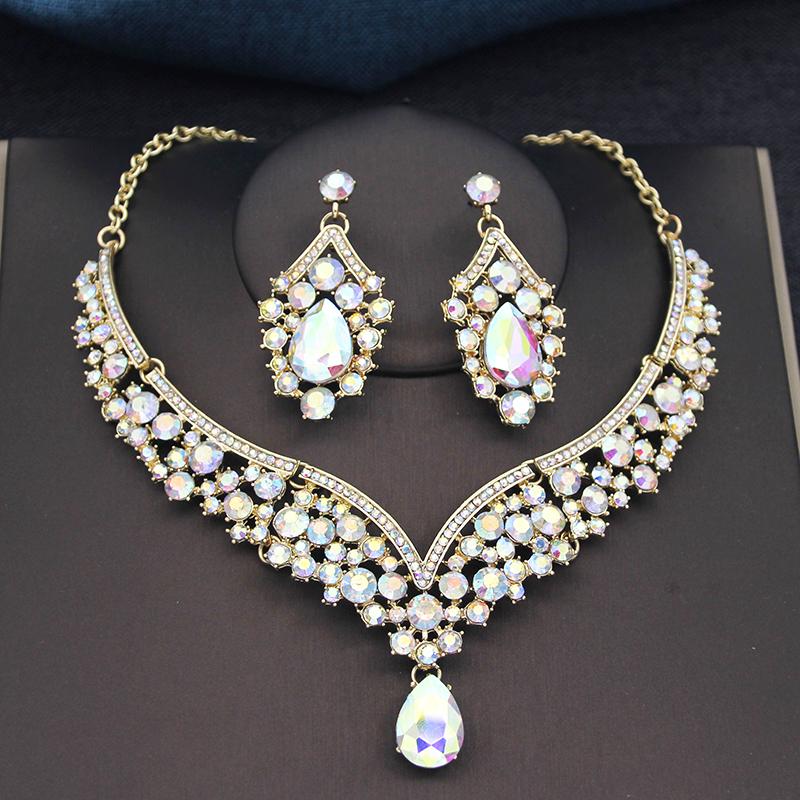 Gorgeous Blue Crown and Necklace Earrings Sets for Brides Prom Large Tiaras Princess Diadem Bridal Dubai Jewelry Set Wedding