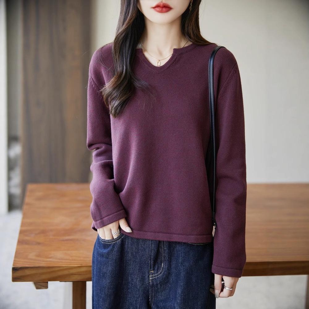Höst/Vinter 2025 V-ringad Lösstickad Tröja i Ren Bomull för Kvinnor