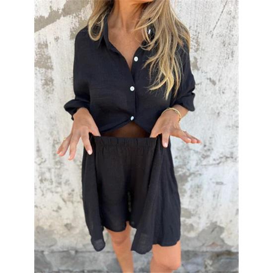 Women's shorts suit casual solid color cotton linen long sleeve wrinkle shirt and shorts two-piece set