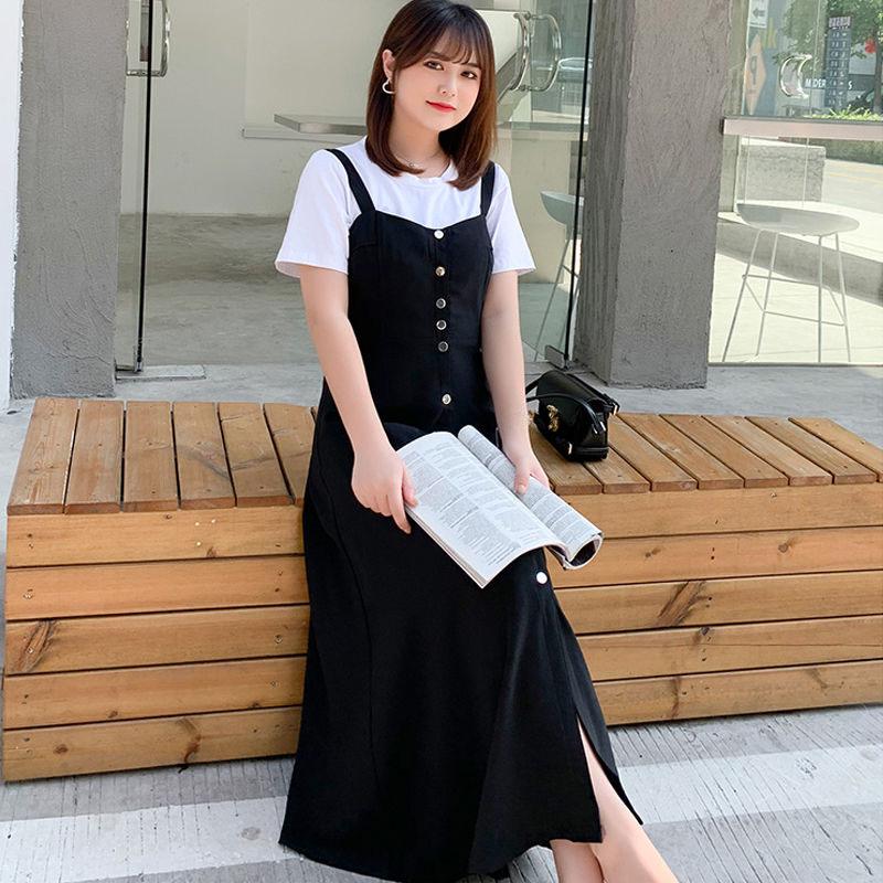 Robes d'été pour femmes, haut à manches courtes et robe à bretelles longues, ensemble deux pièces, tenues de grande taille