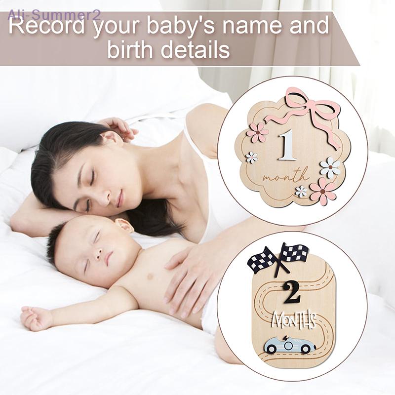 {MX} Wooden Baby Milestone Cards Name Plaque Sign Birth Announcement Board Baby Month Marker Newborn Photography Props