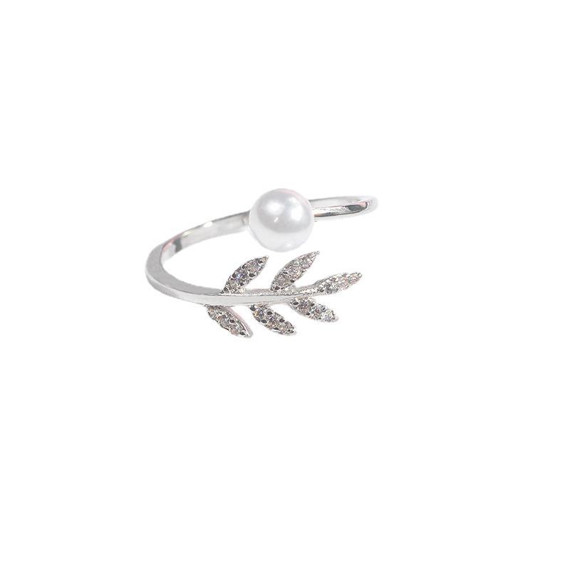 Temperament Color Retention Open Ring, Simple Leaf Slightly Inlaid Zircon Pearl Ring, Adjustable Jewelry