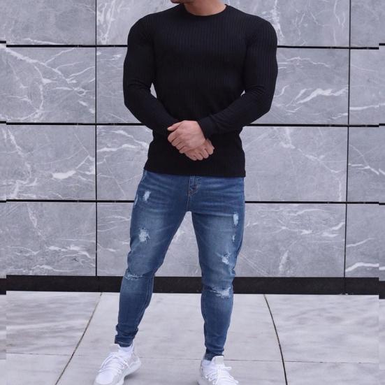 T-shirt à manches longues et col rond pour homme, couleur unie, pull ajusté, chaud, décontracté, respirant, haut de printemps pour un usage quotidien