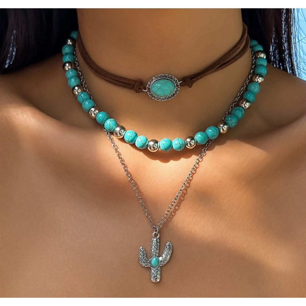 

Европейский и американский ретро имитация бирюзы голова коровы ключица экзотический этнический стиль кактус ковбойская шляпа наслоенное ожерелье из бусин