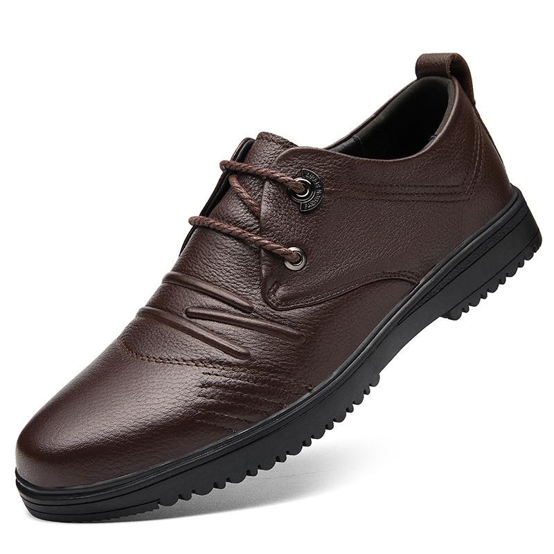 Men’s Casual Round Toe Breathable Leather Loafers - Low-Cut Lace-Up Cowhide Shoes 38 коричневый