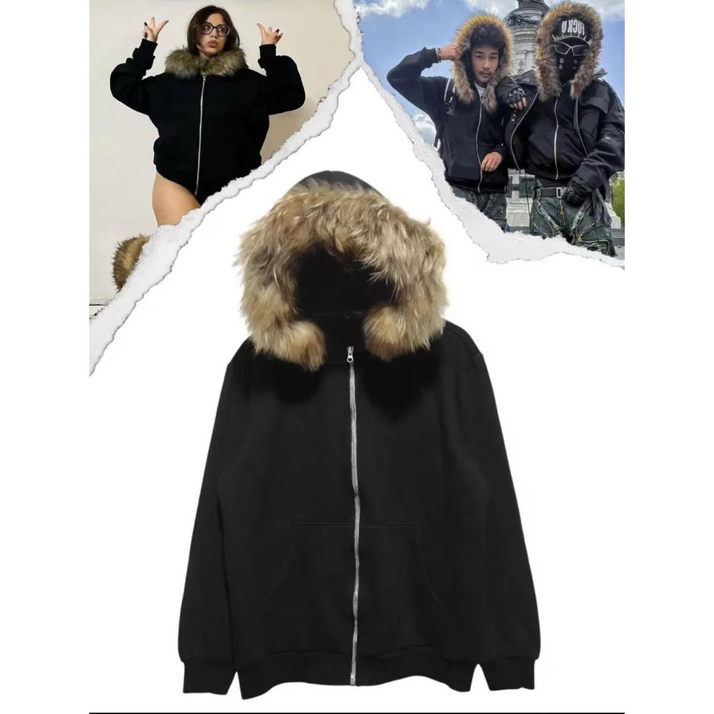 2KWEIRD Harajuku Y2k Millennial Hottie Amerykański Retro Bluza z Kapturem na Zamek z Futerkiem Szytym Bluza z Kapturem na Zamek Damska Jesień/Zima Hip Hop Kurtka na Zamek