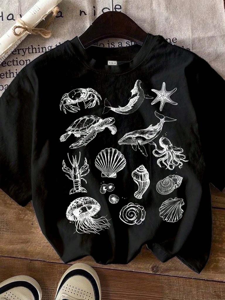 Casual Simple Cartoon Marine Life Print T-shirt Casual Versatile Short-sleeved Women Round Neck T-shirt Y2k Top Women Clothing