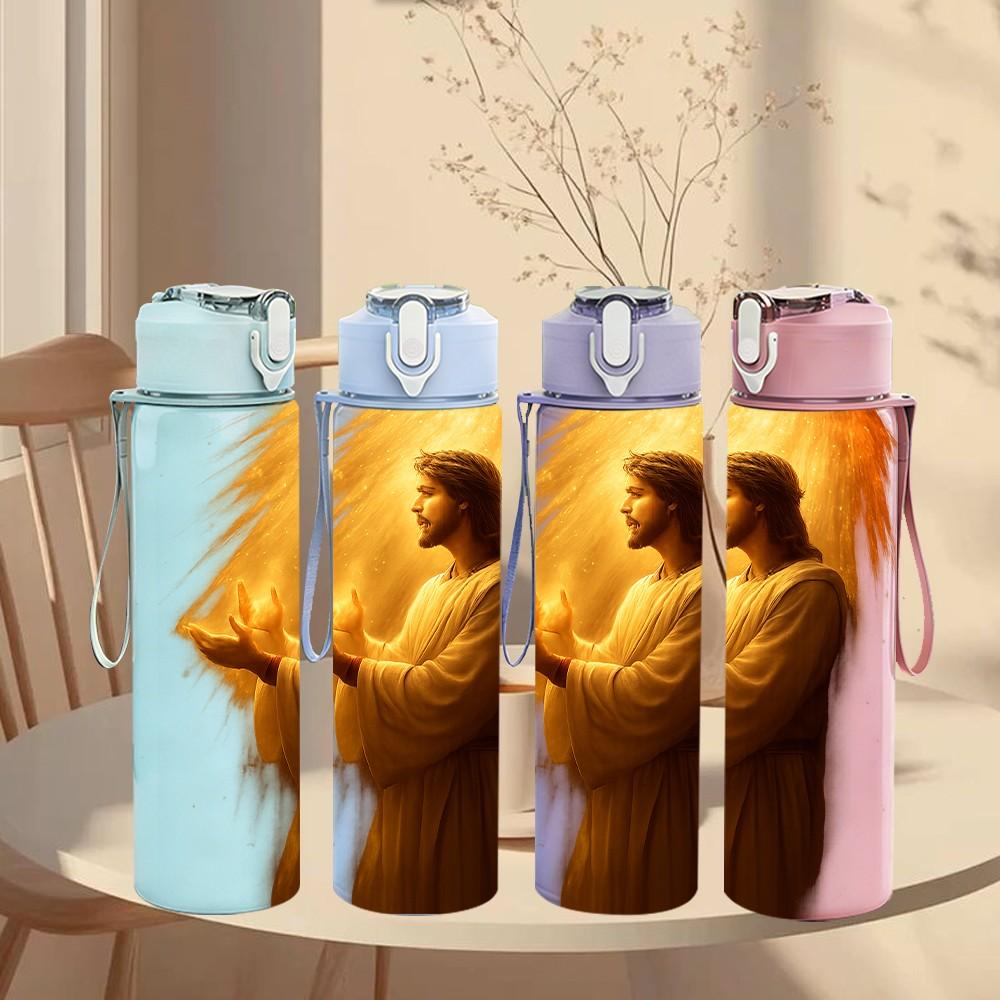 1PC Jesus Warm Open Hand Portrait 750ml Color Plastic Sports Water Bottle Leakproof Flip Straw Lid For Sports Office Home Use
