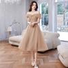 One-word shoulder evening dress 1011 new summer temperament French style host blue feeling banquet dress