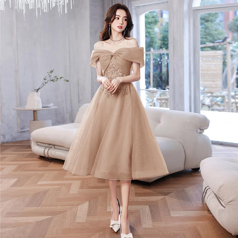 One-word shoulder evening dress 1011 new summer temperament French style host blue feeling banquet dress