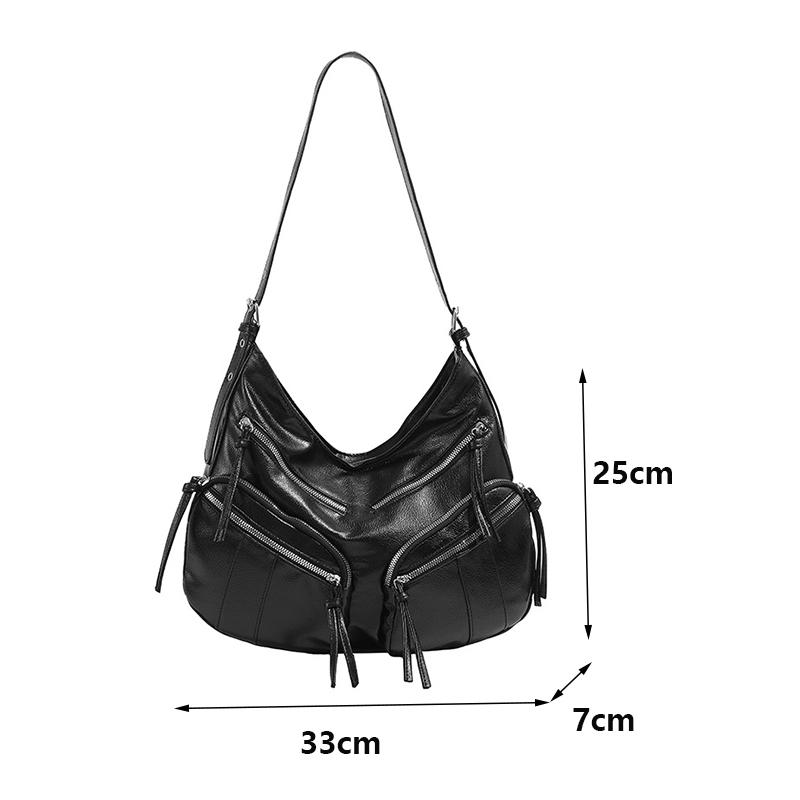 Vintage Large Capacity Soft Leather Black Motorcycle Bag Women's Simple Design Versatile Single Shoulder Crossbody Bag KTY