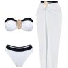 3 Piece Bandeau Bikini Set Sheer Long Skirt Cover Up Gold Decor Sexy Push Up Swimsuit Beach Vacation Bathing Suit for Women